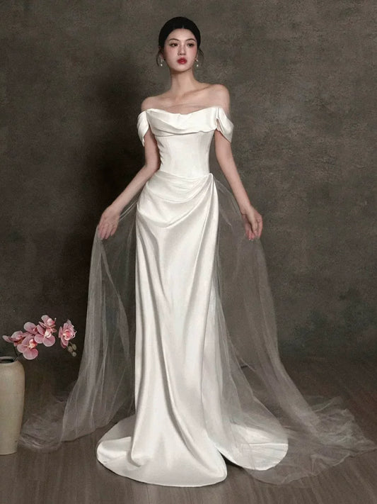 Fantastic Off-Shoulder Slit Wedding Dress Sheath Satin Bridal Outfit Tulle Bridal Dress AP6832