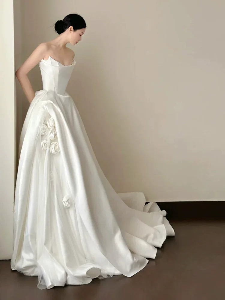 Sweet Strapless A-Line Wedding Dress 3D Appliques Satin Bridal Dress AP6833