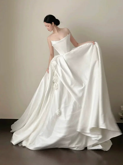 Sweet Strapless A-Line Wedding Dress 3D Appliques Satin Bridal Dress AP6833