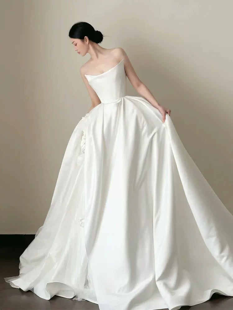 Sweet Strapless A-Line Wedding Dress 3D Appliques Satin Bridal Dress AP6833