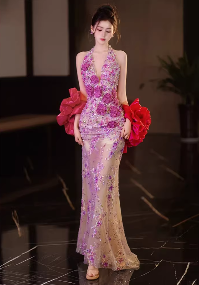 Artistic Halter Neck Prom Dress Mermaid Evening Dress Sequins Appliques Formal Outfit AP6834