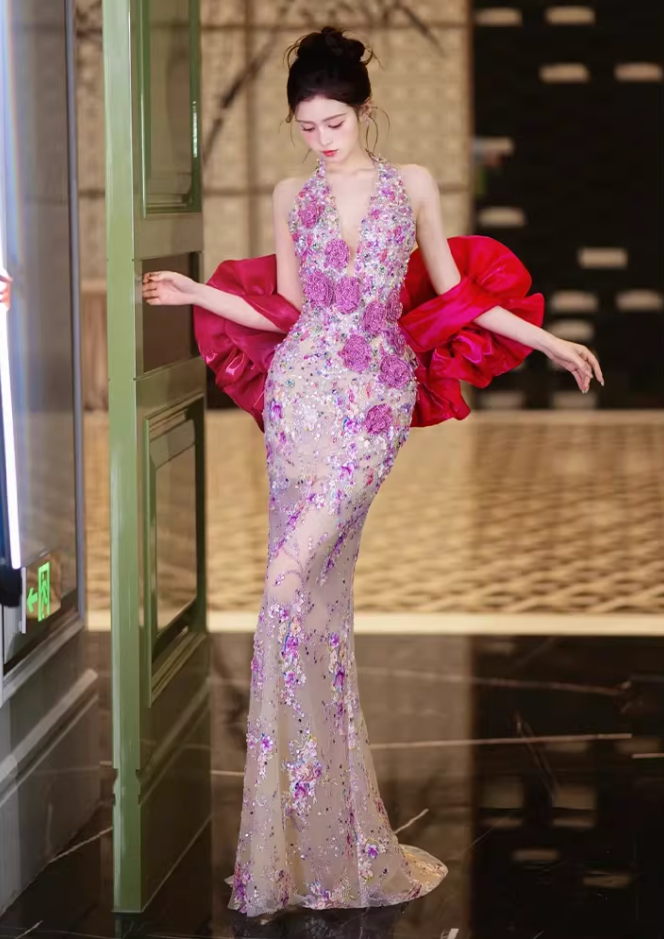 Artistic Halter Neck Prom Dress Mermaid Evening Dress Sequins Appliques Formal Outfit AP6834