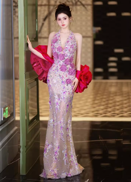 Artistic Halter Neck Prom Dress Mermaid Evening Dress Sequins Appliques Formal Outfit AP6834