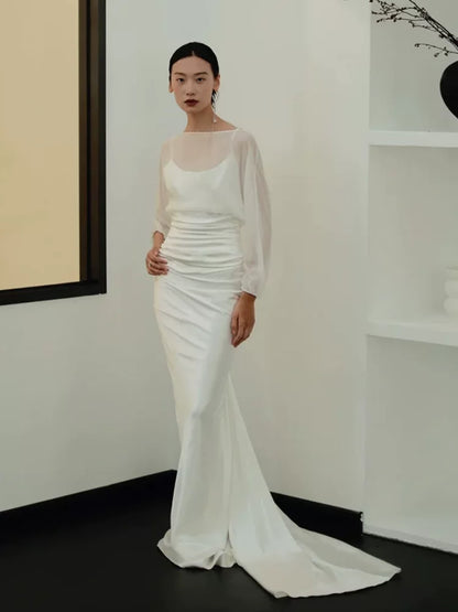 Vintage Boat Neck Satin Mermaid Wedding Dress Long Sleeve Tulle Bridal Outfit AP6835