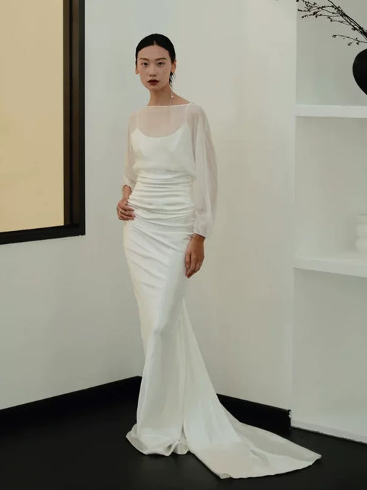 Vintage Boat Neck Satin Mermaid Wedding Dress Long Sleeve Tulle Bridal Outfit AP6835