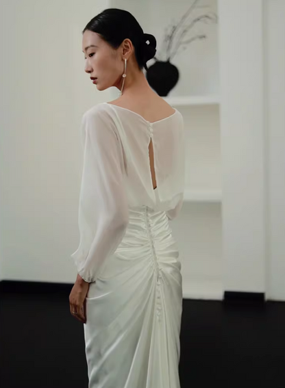 Vintage Boat Neck Satin Mermaid Wedding Dress Long Sleeve Tulle Bridal Outfit AP6835