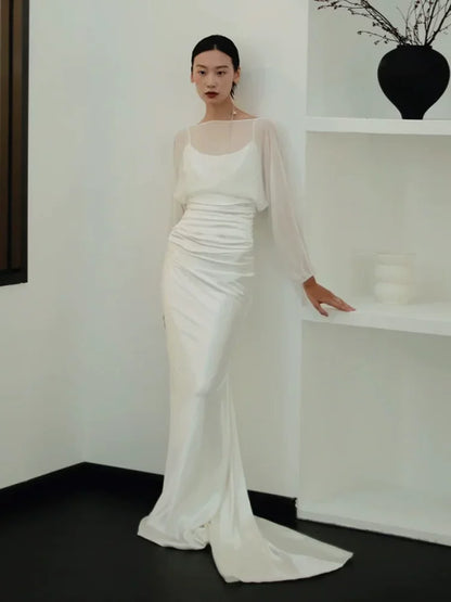 Vintage Boat Neck Satin Mermaid Wedding Dress Long Sleeve Tulle Bridal Outfit AP6835