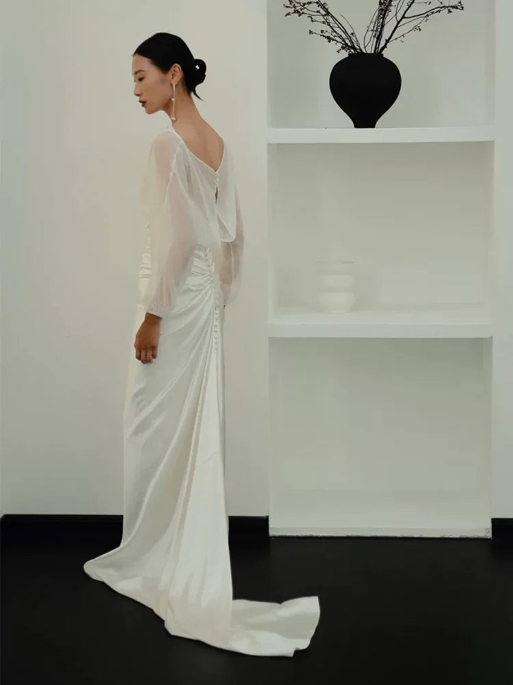 Vintage Boat Neck Satin Mermaid Wedding Dress Long Sleeve Tulle Bridal Outfit AP6835