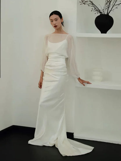 Vintage Boat Neck Satin Mermaid Wedding Dress Long Sleeve Tulle Bridal Outfit AP6835