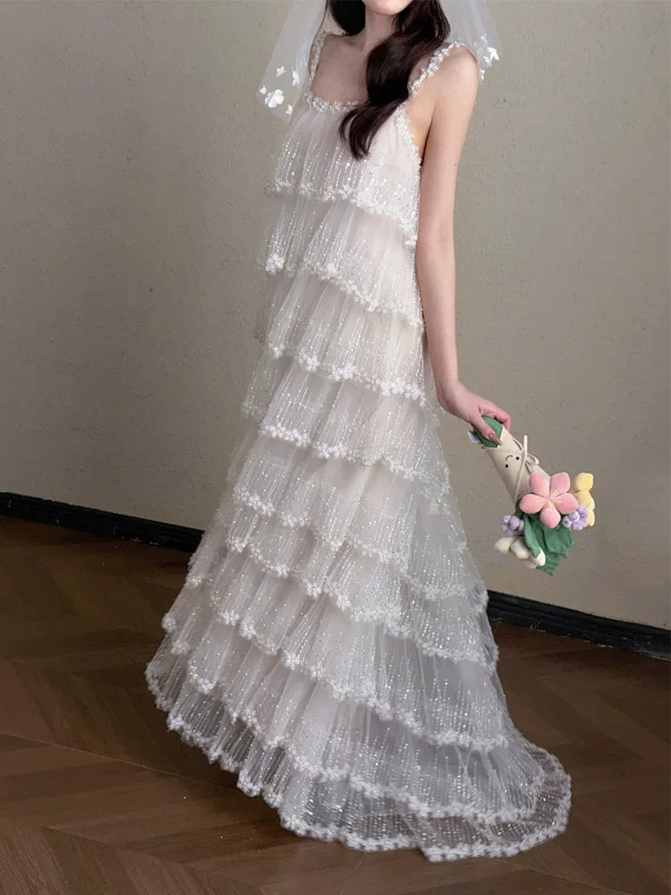 Dreamy A-Line Sequins Wedding Dress Spaghetti Strap Tiered Bridal Gown AP6836