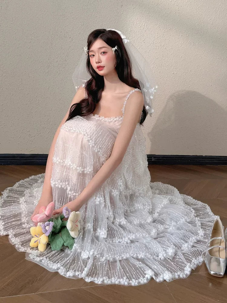Dreamy A-Line Sequins Wedding Dress Spaghetti Strap Tiered Bridal Gown AP6836