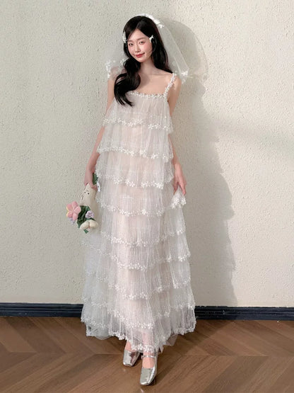 Dreamy A-Line Sequins Wedding Dress Spaghetti Strap Tiered Bridal Gown AP6836