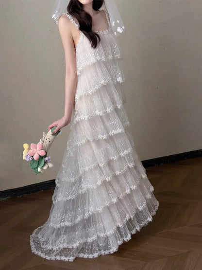 Dreamy A-Line Sequins Wedding Dress Spaghetti Strap Tiered Bridal Gown AP6836
