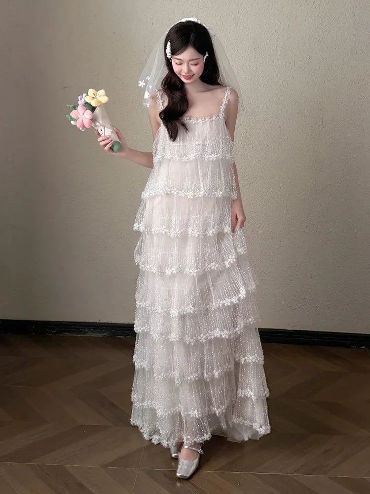 Dreamy A-Line Sequins Wedding Dress Spaghetti Strap Tiered Bridal Gown AP6836