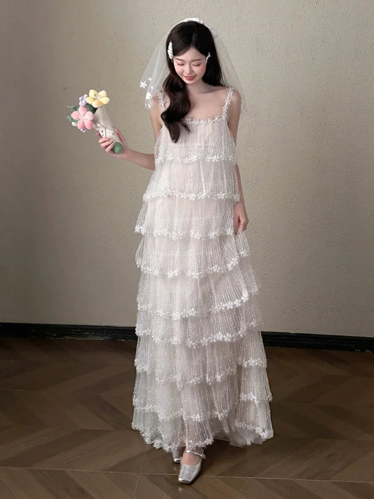 Dreamy A-Line Sequins Wedding Dress Spaghetti Strap Tiered Bridal Gown AP6836