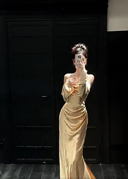 Ethereal Off-Shoulder Gold Prom Dress Long Sleeve Satin Sheath Evening Dress AP6837