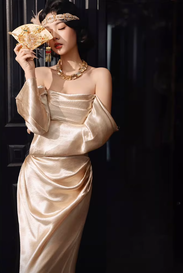 Ethereal Off-Shoulder Gold Prom Dress Long Sleeve Satin Sheath Evening Dress AP6837