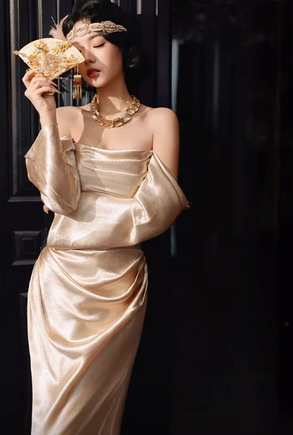 Ethereal Off-Shoulder Gold Prom Dress Long Sleeve Satin Sheath Evening Dress AP6837