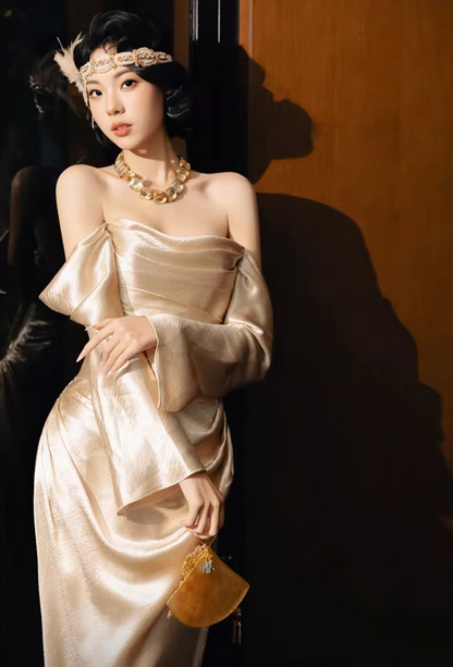 Ethereal Off-Shoulder Gold Prom Dress Long Sleeve Satin Sheath Evening Dress AP6837