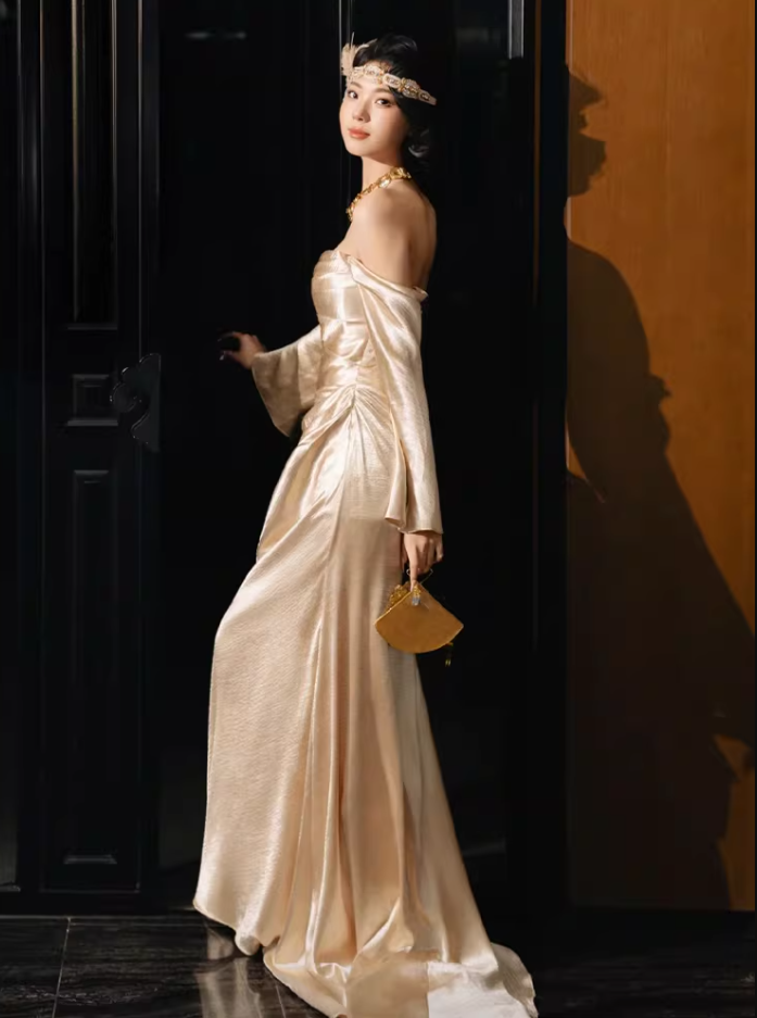 Ethereal Off-Shoulder Gold Prom Dress Long Sleeve Satin Sheath Evening Dress AP6837