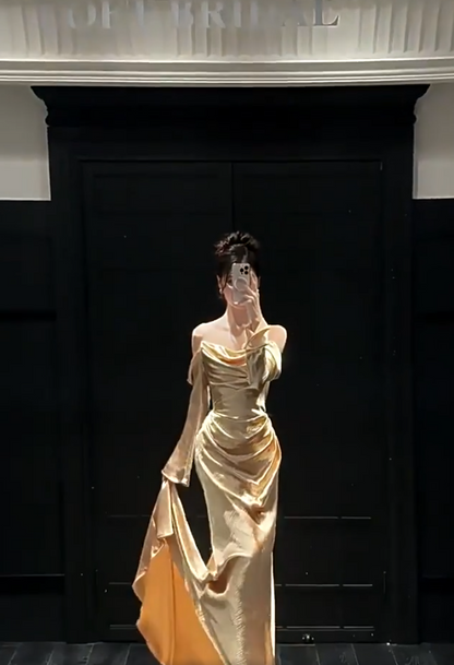 Ethereal Off-Shoulder Gold Prom Dress Long Sleeve Satin Sheath Evening Dress AP6837