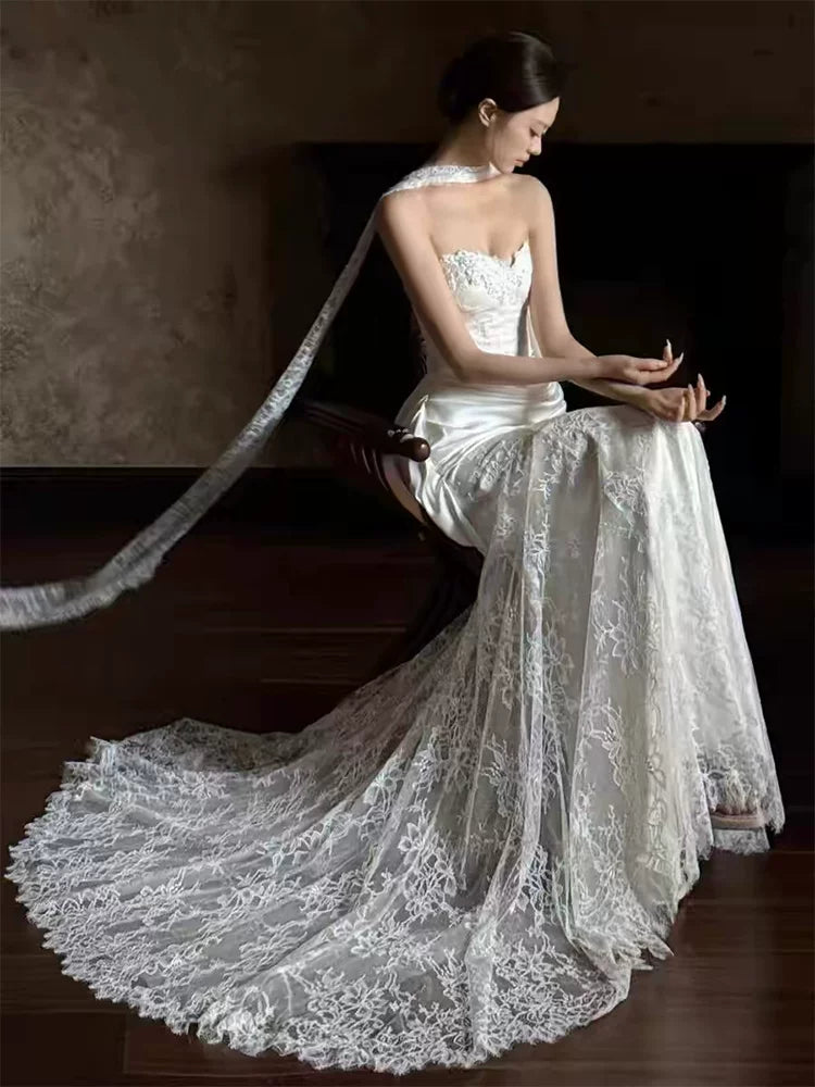 Alluring Strapless Lace Wedding Dress Draped Mermaid Bridal Dress AP6838