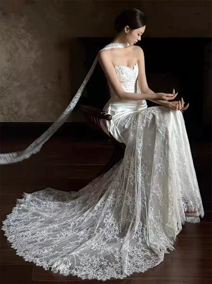 Alluring Strapless Lace Wedding Dress Draped Mermaid Bridal Dress AP6838