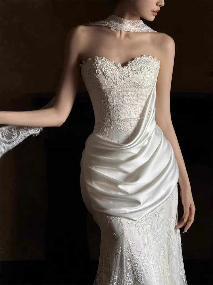 Alluring Strapless Lace Wedding Dress Draped Mermaid Bridal Dress AP6838