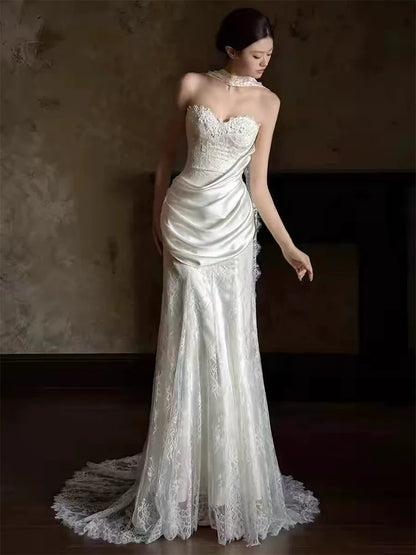 Alluring Strapless Lace Wedding Dress Draped Mermaid Bridal Dress AP6838