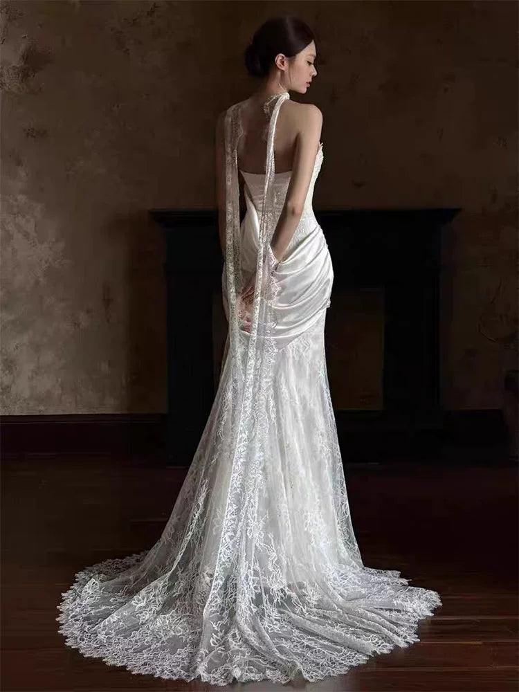 Alluring Strapless Lace Wedding Dress Draped Mermaid Bridal Dress AP6838