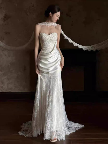 Alluring Strapless Lace Wedding Dress Draped Mermaid Bridal Dress AP6838