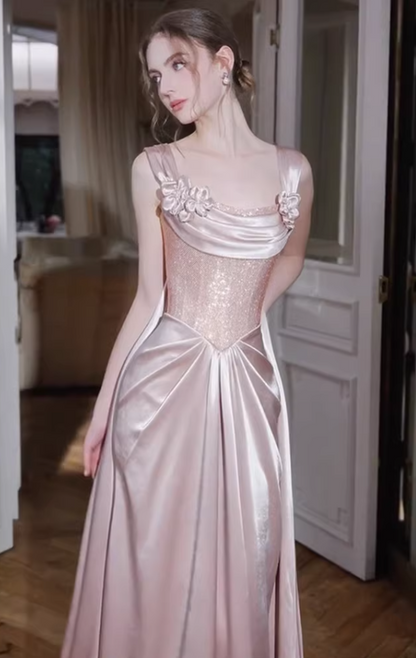 Gorgeous Spaghetti Strap Prom Dresses Light Pink Sheath Evening Outfit Sequins Appliques Formal Outfits AP6839