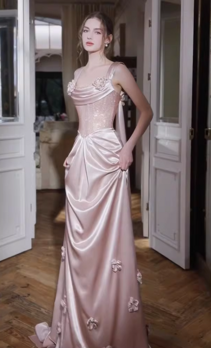 Gorgeous Spaghetti Strap Prom Dresses Light Pink Sheath Evening Outfit Sequins Appliques Formal Outfits AP6839