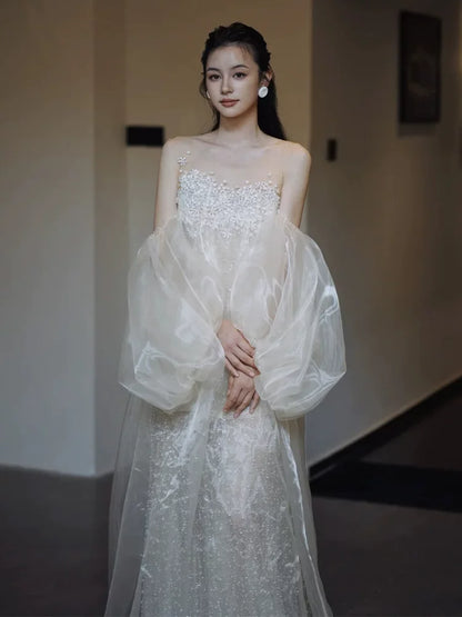 Glam Off-Shoulder Champagne Prom Dress Long Sleeve A-Line Formal Outfit Floral Sequins Evening Dress AP6840