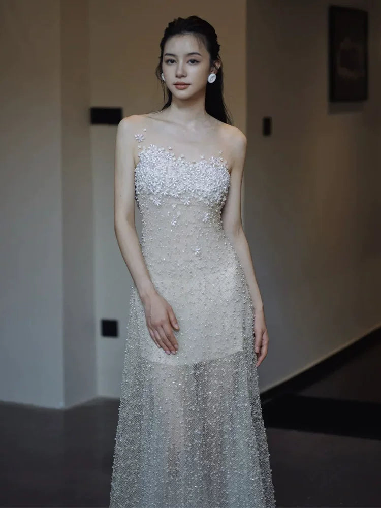 Glam Off-Shoulder Champagne Prom Dress Long Sleeve A-Line Formal Outfit Floral Sequins Evening Dress AP6840