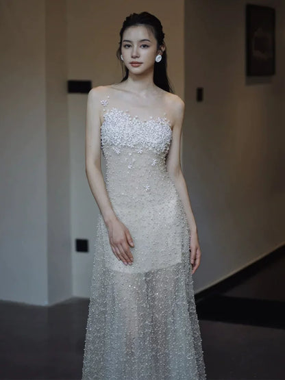 Glam Off-Shoulder Champagne Prom Dress Long Sleeve A-Line Formal Outfit Floral Sequins Evening Dress AP6840