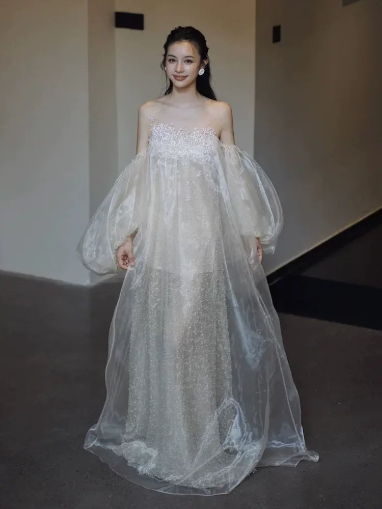 Glam Off-Shoulder Champagne Prom Dress Long Sleeve A-Line Formal Outfit Floral Sequins Evening Dress AP6840