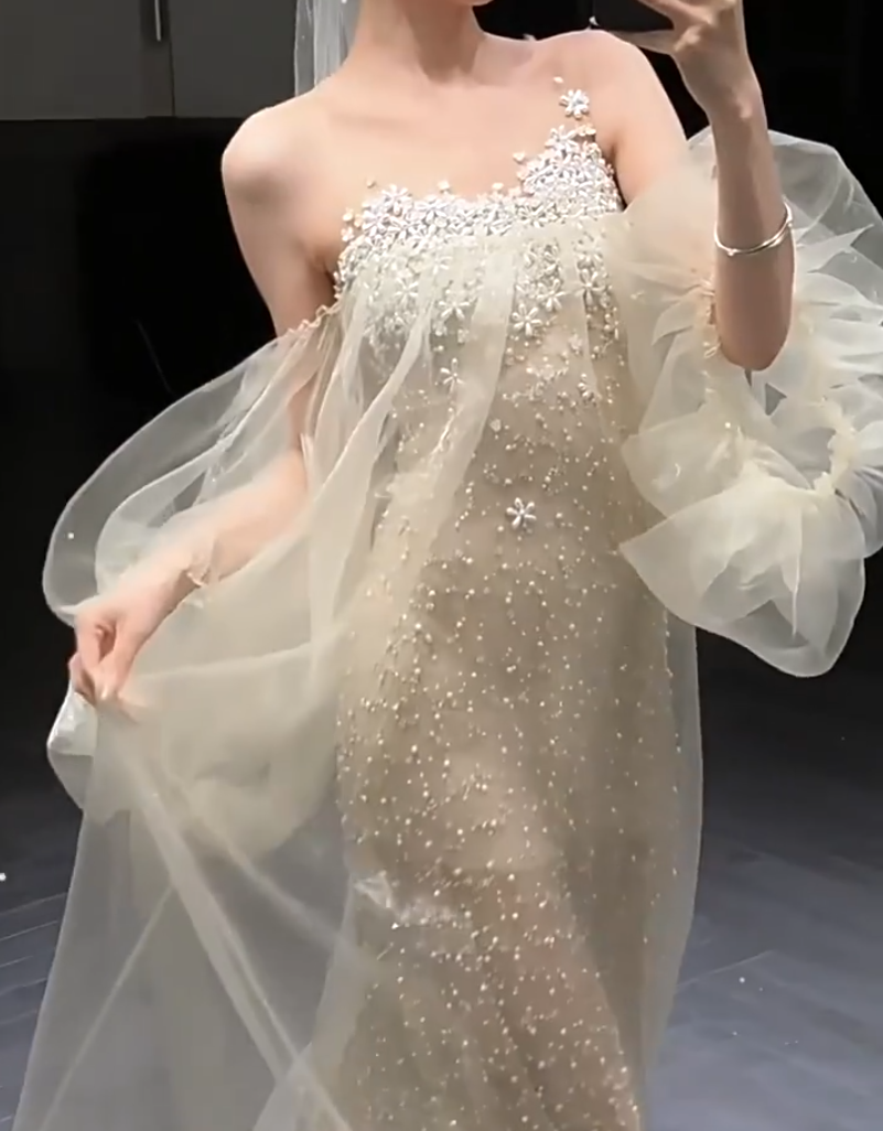 Glam Off-Shoulder Champagne Prom Dress Long Sleeve A-Line Formal Outfit Floral Sequins Evening Dress AP6840