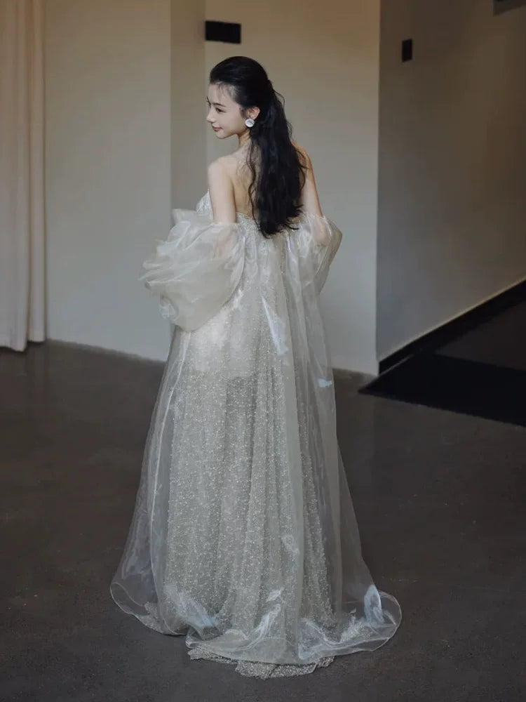Glam Off-Shoulder Champagne Prom Dress Long Sleeve A-Line Formal Outfit Floral Sequins Evening Dress AP6840