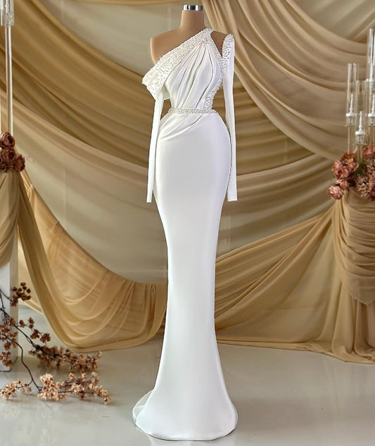 Glamorous Beaded Mermaid Wedding Dress Long Sleeve Satin Bridal Outfit AP6841