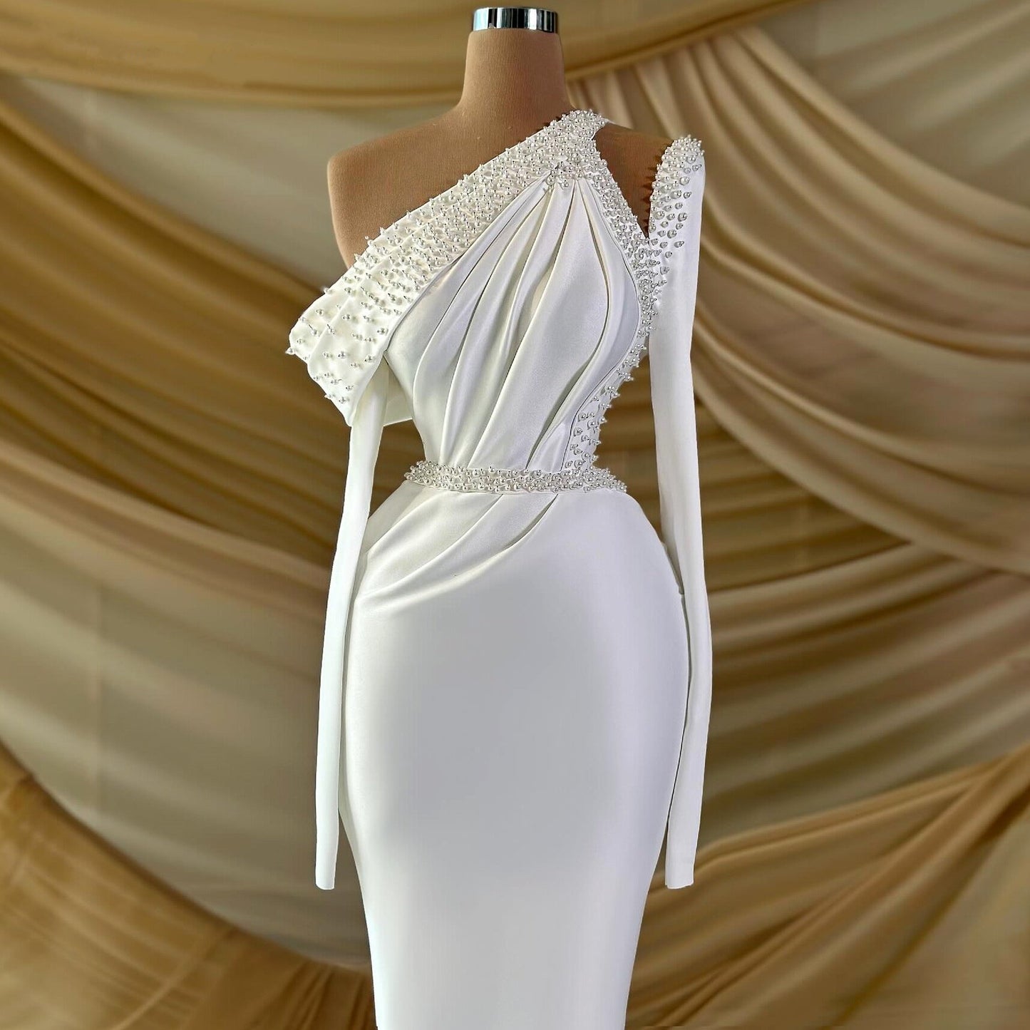 Glamorous Beaded Mermaid Wedding Dress Long Sleeve Satin Bridal Outfit AP6841