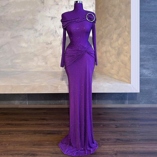 Sheen High Collar Purple Prom Dress Long Sleeve Sheath Evening Dress AP6842