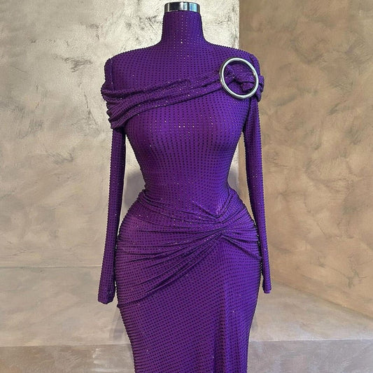 Sheen High Collar Purple Prom Dress Long Sleeve Sheath Evening Dress AP6842