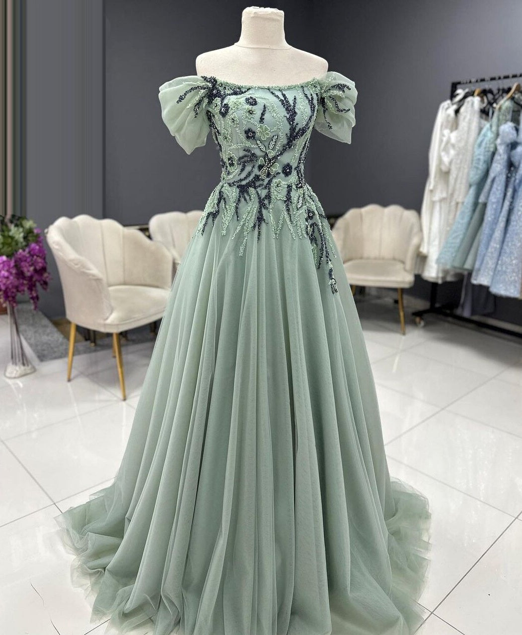 Dramatic Off-Shoulder Prom Dresses Green A-Line Evening Outfit Appliques Sequins Formal Gowns AP6843
