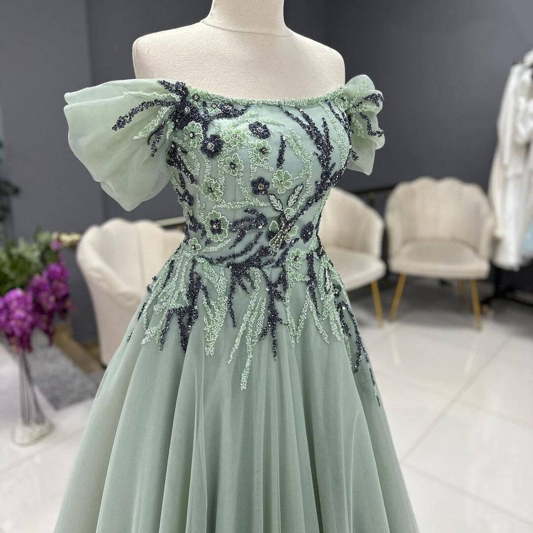 Dramatic Off-Shoulder Prom Dresses Green A-Line Evening Outfit Appliques Sequins Formal Gowns AP6843