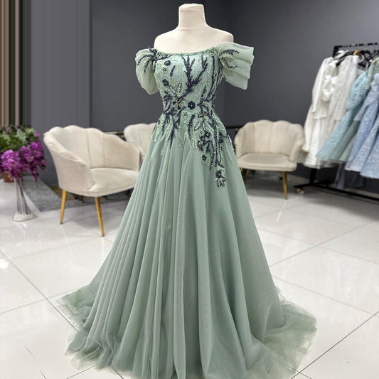 Dramatic Off-Shoulder Prom Dresses Green A-Line Evening Outfit Appliques Sequins Formal Gowns AP6843