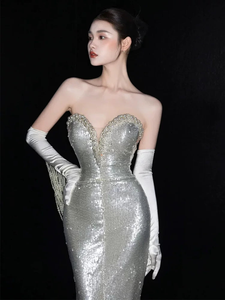 Stunning Strapless Silver Prom Dress Mermaid Formal Outfit Beading Sequins Evening Dress AP6845