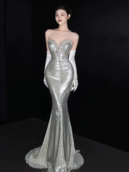 Stunning Strapless Silver Prom Dress Mermaid Formal Outfit Beading Sequins Evening Dress AP6845