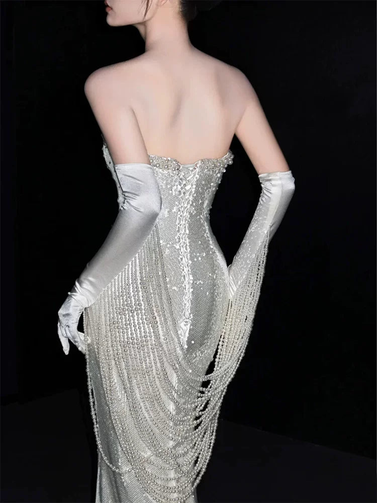 Stunning Strapless Silver Prom Dress Mermaid Formal Outfit Beading Sequins Evening Dress AP6845