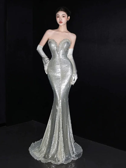 Stunning Strapless Silver Prom Dress Mermaid Formal Outfit Beading Sequins Evening Dress AP6845